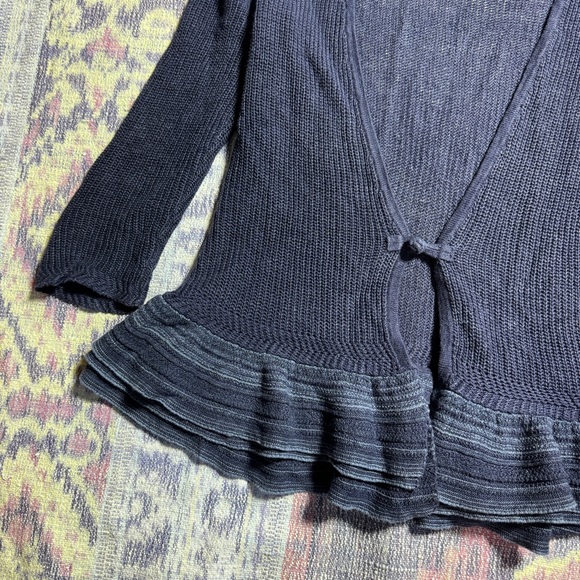 Lauren Ralph Lauren Womens Linen Cardigan Sweater Knit Ruffle Hem in Navy Blue - Picture 5 of 10